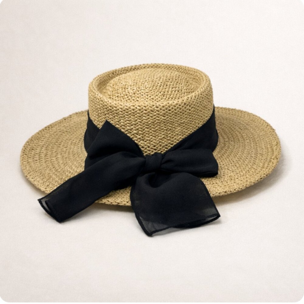 Classic Straw Boater Hat with‎ Black Ribbon Bow – Chic Summer Sun Hat